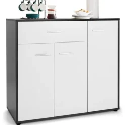 COSTWAY Sideboards>Köksskänk - 2 skåp, stor låda, ställbar hylla - Låg skänk - 88x40x80 CM - Vardagsrum, Matsal - Svart+Vit