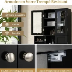 COSTWAY Sideboards>Köksskänk med 2 glasdörrar och 2 multiförvaringsdörrar, för vardagsrum, kök, hall, 60 x 31,5 x 161,5 cm, svart