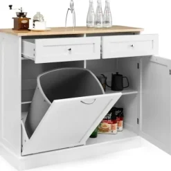 COSTWAY Köksö>köksskänk med gummiskiva, 2 lådor, justerbar hylla och skåp för 42 L behållare, vit