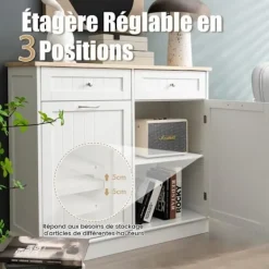 COSTWAY Köksö>köksskänk med gummiskiva, 2 lådor, justerbar hylla och skåp för 42 L behållare, vit