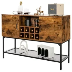 COSTWAY Sideboards>Köksskänk med vinställ för 9 flaskor, industriell förvaringsenhet med 2 dörrar, öppet fack