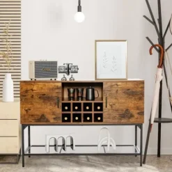 COSTWAY Sideboards>Köksskänk med vinställ för 9 flaskor, industriell förvaringsenhet med 2 dörrar, öppet fack