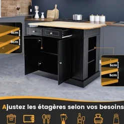 COSTWAY Köksö>Köksvagn Central Kitchen Island - Vikbara bänkskivor, lådor, 2 dörrar, justerbar hylla - Svart
