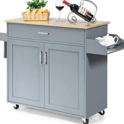 COSTWAY Köksö>köksvagn, köksö på hjul med stort skåp, låda, kryddhylla och handdukshylla