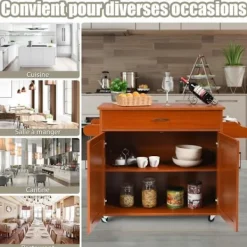 COSTWAY Köksö>köksvagn, köksö på hjul med stort skåp, låda, kryddställ och handduksställ Brun