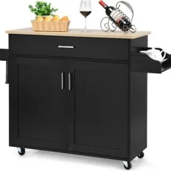 COSTWAY Köksö>köksvagn, köksö på hjul med stort skåp, låda, kryddhylla och handdukshylla