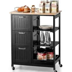 COSTWAY Köksö>köksvagn med låsbara universalhjul, topp av gummi, avtagbara hyllor, 3 lådor,