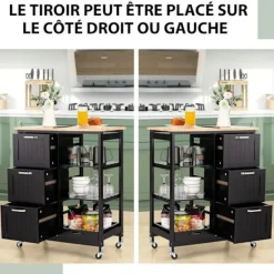 COSTWAY Köksö>köksvagn med låsbara universalhjul, topp av gummi, avtagbara hyllor, 3 lådor,