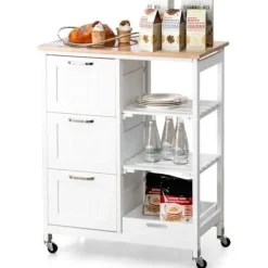 COSTWAY Köksö>köksvagn med låsbara universalhjul, topp av gummi, avtagbara hyllor, 3 lådor,