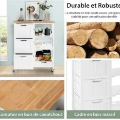 COSTWAY Köksö>köksvagn med låsbara universalhjul, topp av gummi, avtagbara hyllor, 3 lådor,