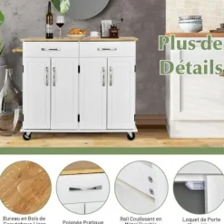 COSTWAY Köksö>köksvagn på hjul - 2 lådor, 2 dubbeldörrsskåp, justerbara hyllor - Kitchen Island-vagn -