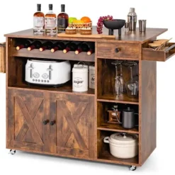 COSTWAY Köksö>Köksvagn på hjul - Fällbara bänkskivor Vinställ Glashållare Kryddställ - Köksö - Brun