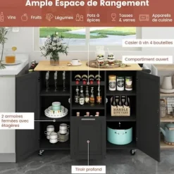 COSTWAY Köksö>Köksvagn på hjul - Vikbara träbänkskivor, djup låda, vinställ - Köksö -