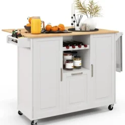 COSTWAY Köksö>Köksvagn på hjul - Vikbara träbänkskivor, djup låda, vinställ - Köksö -