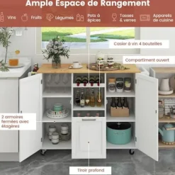 COSTWAY Köksö>Köksvagn på hjul - Vikbara träbänkskivor, djup låda, vinställ - Köksö -