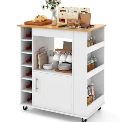 COSTWAY Köksö>Köksvagn på hjul - Vinställ med 6 flaskor, Kryddställ, Dörr - Köksvagn -