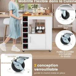 COSTWAY Köksö>Köksvagn på hjul - Vinställ med 6 flaskor, Kryddställ, Dörr - Köksvagn -