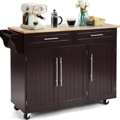 COSTWAY Köksö>köksvagn på hjul, köksö med knivhållare, handduksställ, 3 dörrar och 2 lådor, kaffe