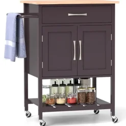 COSTWAY Köksö>Köksvagn på hjul med låda och dörrar, gummiträskiva, nedre bricka, handduksställ, brun