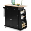 COSTWAY Sideboards>Köksvagn på hjul med Rubberwood Top Island Serveringsvagn med kryddställ och lådor Svart
