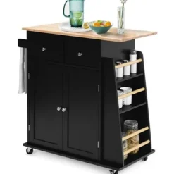 COSTWAY Sideboards>Köksvagn på hjul med Rubberwood Top Island Serveringsvagn med kryddställ och lådor Svart