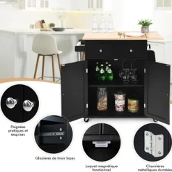 COSTWAY Sideboards>Köksvagn på hjul med Rubberwood Top Island Serveringsvagn med kryddställ och lådor Svart
