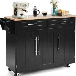 COSTWAY Köksö>köksvagn/vagn, köksö med knivhållare, handduksställ, 3 dörrar och 2 lådor, svart