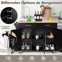 COSTWAY Köksö>köksvagn/vagn, köksö med knivhållare, handduksställ, 3 dörrar och 2 lådor, svart