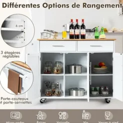 COSTWAY Köksö>köksvagn/vagn, köksö med knivhållare, handduksställ, 3 dörrar och 2 lådor, vit