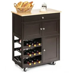 COSTWAY Köksö>Kökvagn med hjul och skiva av gummiträ, låda, flaskställ med 3 nivåer och 2 skåp, brun