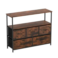 COSTWAY Byråer>Kommod med 5 Lådor, Tyg med 2 Öppna Hyllor och Metallram för Sovrum, Vardagsrum, Korridorer, Entréer, Brun