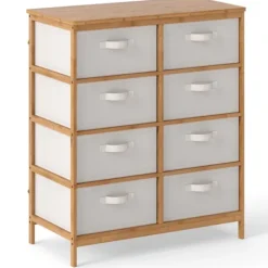COSTWAY Byråer>Kommod med 8 Lådor i Tyg med Bamboostruktur, Avtagbara Tyglådor, för Skåp, Vardagsrum, Entré 80 x 40 x 94 cm