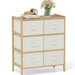COSTWAY Byråer>Kommode med 6 Skuffer i Tøj med Bamboostruktur, Foldbare Tøjbægre, til Skab, Stue, Entré, 66 x 35 x 78,5 cm