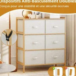 COSTWAY Byråer>Kommode med 6 Skuffer i Tøj med Bamboostruktur, Foldbare Tøjbægre, til Skab, Stue, Entré, 66 x 35 x 78,5 cm