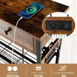 COSTWAY Sideboards>konsolbord - 2 USB-portar (5V-2A) och 2 3-hålsuttag - industriell stil, 2 lådor, 2 hyllor Brun