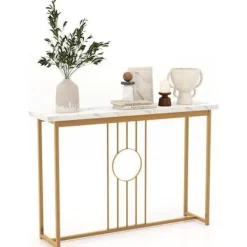 COSTWAY Småbord>Konsolbord, Entrémöbel med marmoreffekt 120 x 30 x 80,5 CM (L x B x H) - Guldmetallram, skandinavisk stil