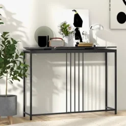 COSTWAY Småbord>konsolbord, hall med marmoreffekt - 120 x 30 x 90 CM (L x B x H) Stålstomme - Modern Enkel Stil Svart
