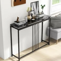 COSTWAY Småbord>konsolbord, hall med marmoreffekt - 120 x 30 x 90 CM (L x B x H) Stålstomme - Modern Enkel Stil Svart