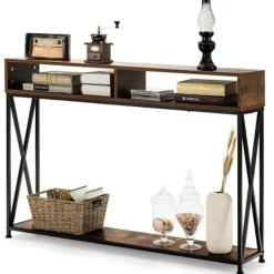 COSTWAY Sideboards>Konsolbord i Industriell Stil 120 x 23 x 79 CM Stålstruktur Hallmöbel Antiktippskydd Rustik Brun