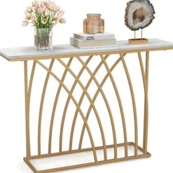 COSTWAY Soffbord>konsolentrémöbel, marmoreffekt - 120 x 30 x 80 CM - Skandinaviskt konsolbord i guldmetallram för hall, vardagsrum