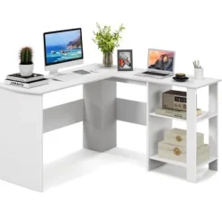 COSTWAY Kontorsmöbler>L-format hörnskrivbord - B 130 x D 130 x H 74 CM - 2-vånings förvaringshyllor - Moderna -