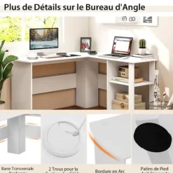 COSTWAY Kontorsmöbler>L-format hörnskrivbord - B 130 x D 130 x H 74 CM - 2-vånings förvaringshyllor - Moderna -