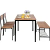 COSTWAY Matgrupper>matbord och 2 stolar 1 bänkset - 4 personer, industriell, metallkonstruktion för restaurang, kök, brun
