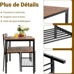 COSTWAY Matgrupper>matbord och 2 stolar 1 bänkset - 4 personer, industriell, metallkonstruktion för restaurang, kök, brun