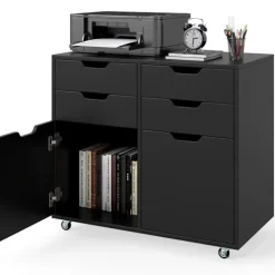 COSTWAY Kontorsmöbler>Mobil dokumentmöbel med 4 lådor och 2 dörrar, 5 universella hjul, för hemmakontor, sovrum, svart