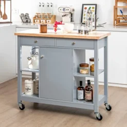 COSTWAY Sideboards>Mobil köksvagn, gummiträskiva, köksö, 4 öppna hyllor, 2 lådor, serveringsvagn