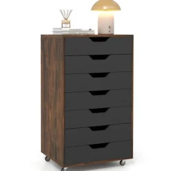 COSTWAY Byråer>Mobilt skåp med 7 lådor och 4 rullhjul, 2 låsbara, för kontor, studie, vardagsrum, sovrum, brun