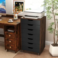 COSTWAY Byråer>Mobilt skåp med 7 lådor och 4 rullhjul, 2 låsbara, för kontor, studie, vardagsrum, sovrum, brun