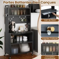 COSTWAY Sideboards>5-nivåers köksbuffé med ljus, dubbeldörrar, perforerad panel, krokar, 4 hjul eller justerbara fötter,