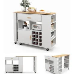 COSTWAY Köksö>Rolling Kitchen Island Dessert med låda justerbar hylla Barbord med 12 flaskor vinställ Kryddställ